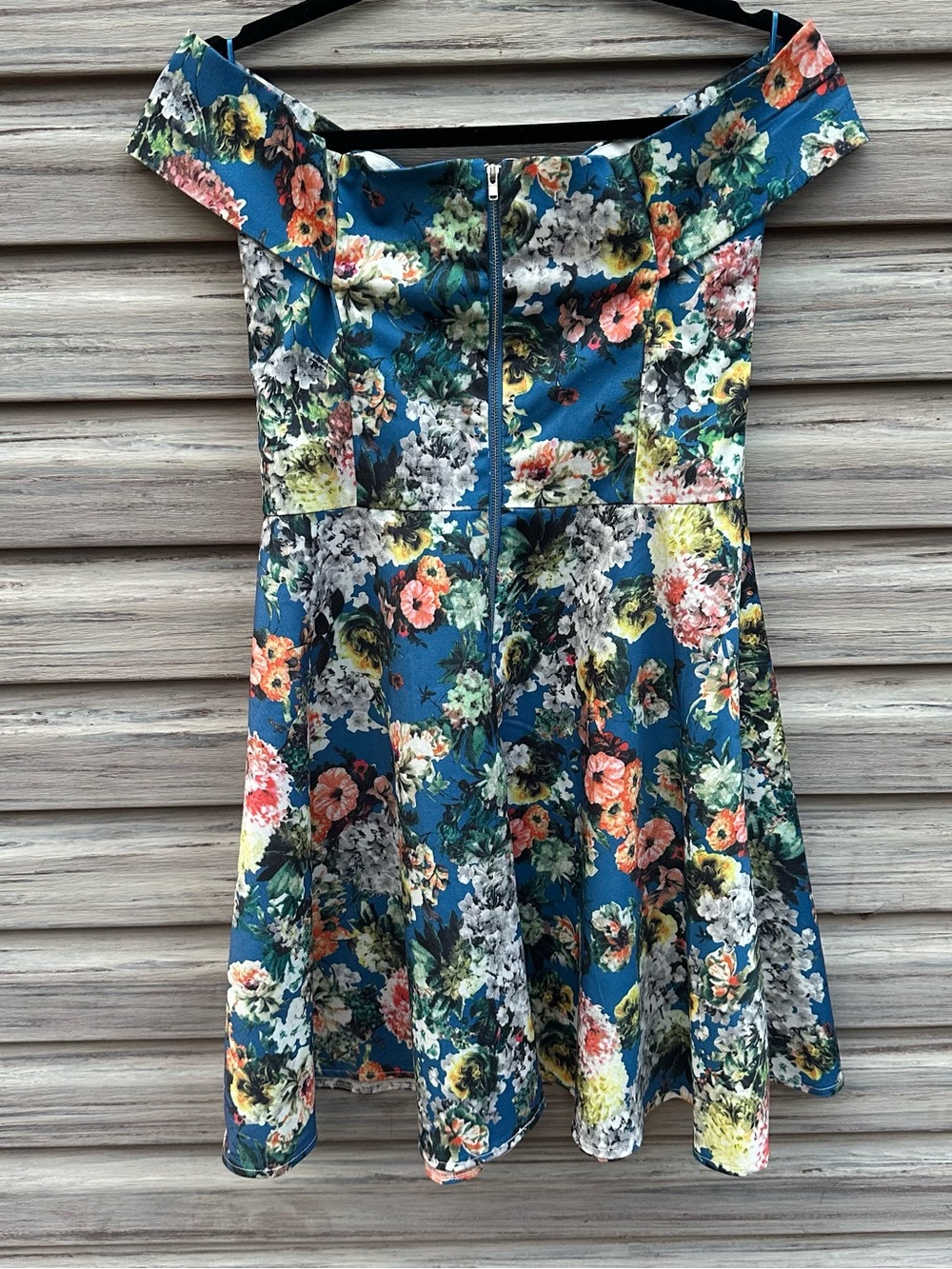 AKIRA Chicago Black Label Dress M Blue Floral Off Shoulder Fit Flare Cocktail